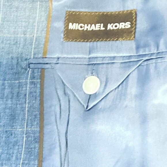 Michael Kors Blue Windowpane Linen Blazer Womens 14R Tailored Fully Lined 2 Butt - Picture 5 of 11